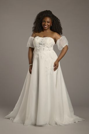 Strapless Puff Sleeve Organza A-Line Wedding Dress | David's Bridal